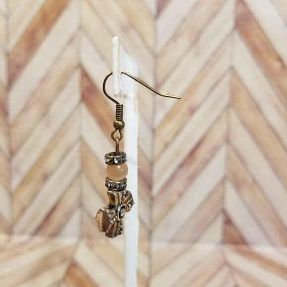 Brown and Bronze Beaded Cross Earrings - Picture 3 of 3